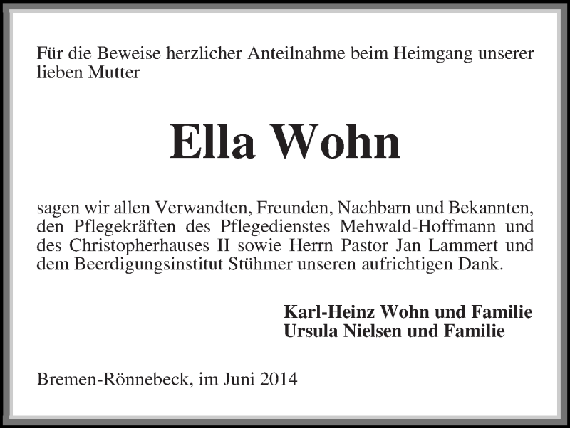 Traueranzeige von Ella Wohn von Die Norddeutsche