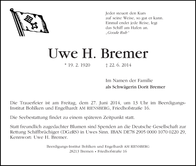 Traueranzeige von Uwe Bremer von WESER-KURIER