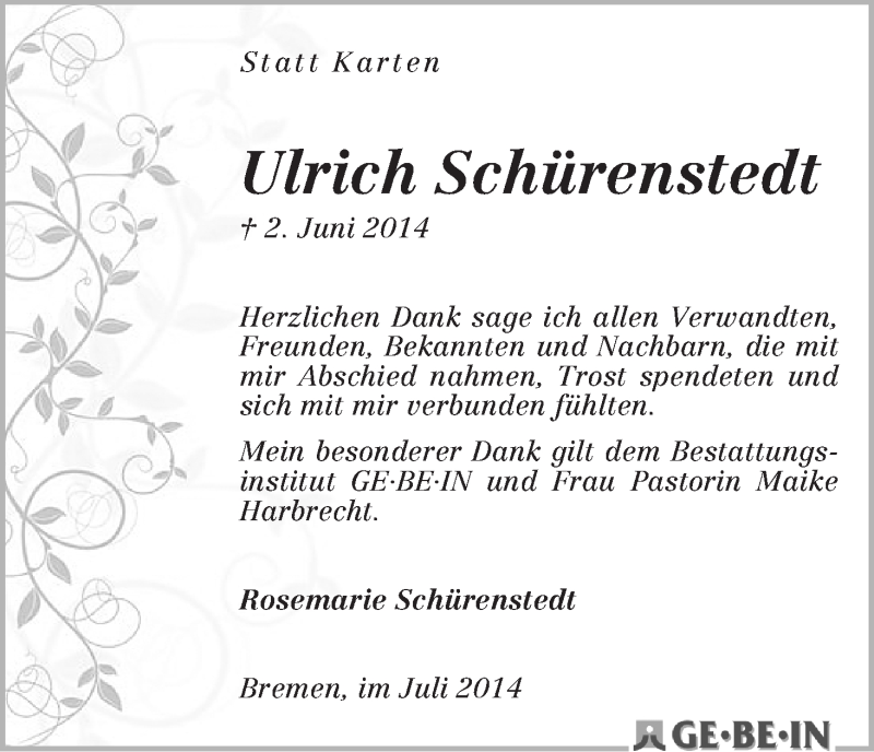 Traueranzeige von Ulrich Schürenstedt von WESER-KURIER