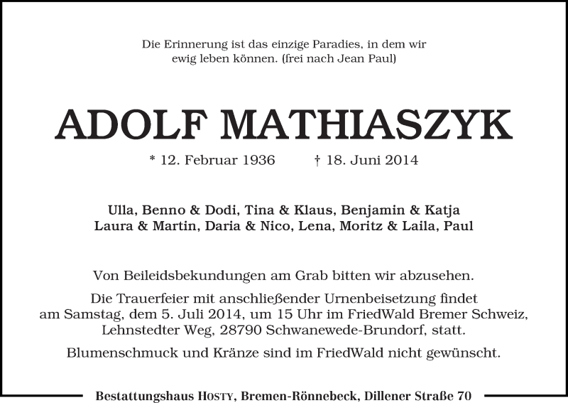 Traueranzeige von Adolf Mathiaszyk von Die Norddeutsche