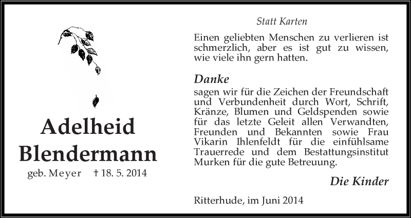 Traueranzeige von Adelheid Blendermann von Osterholzer Kreisblatt
