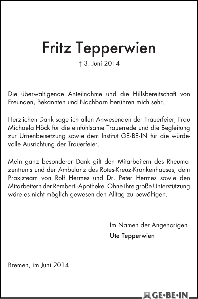 Traueranzeige von Fritz Tepperwien von WESER-KURIER
