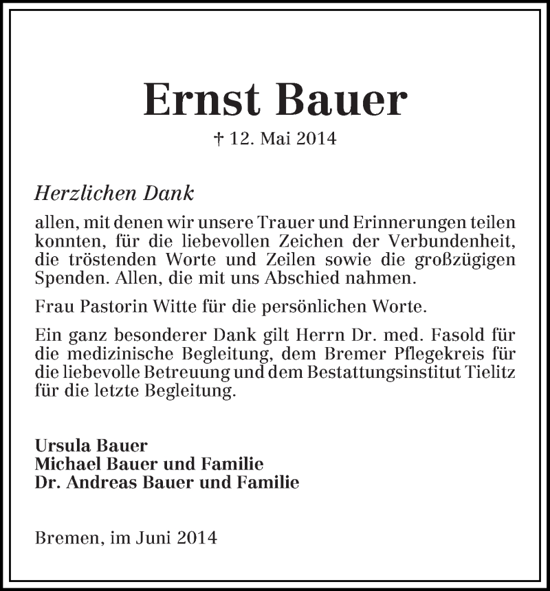 Traueranzeige von Ernst Bauer von WESER-KURIER