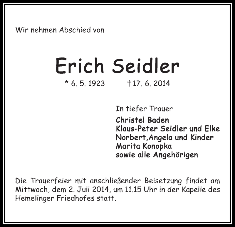 Traueranzeige von Erich Seidler von WESER-KURIER