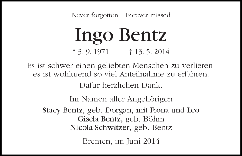 Traueranzeige von Ingo Bentz von WESER-KURIER