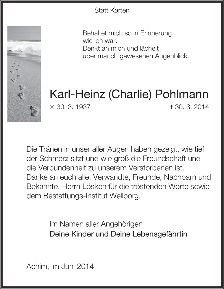 Traueranzeige von Karl-Heinz Pohlmann von Achimer Kurier/Verdener Nachrichten