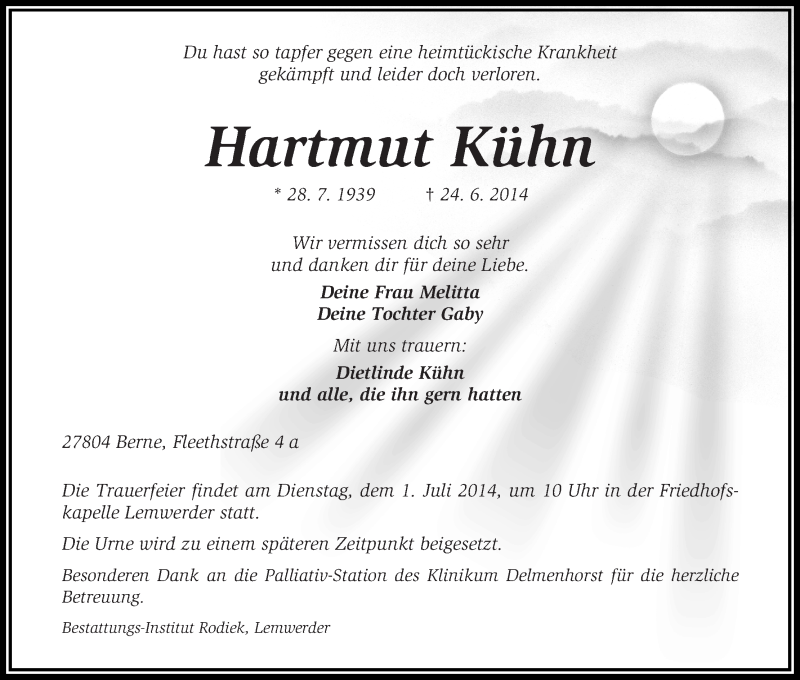 Traueranzeige von Hartmut Kühn von WESER-KURIER