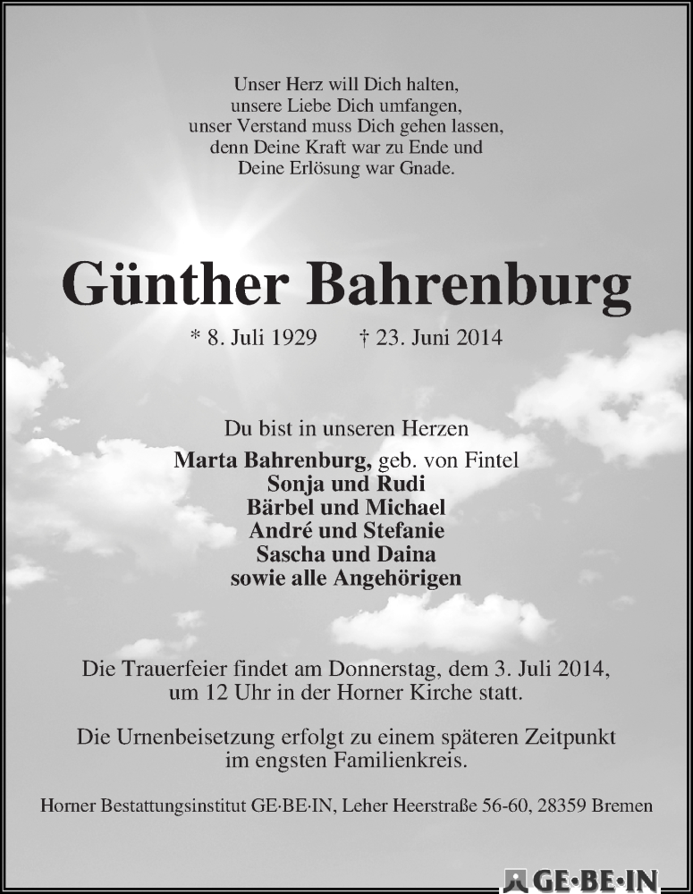 Traueranzeige von Günther Bahrenburg von WESER-KURIER