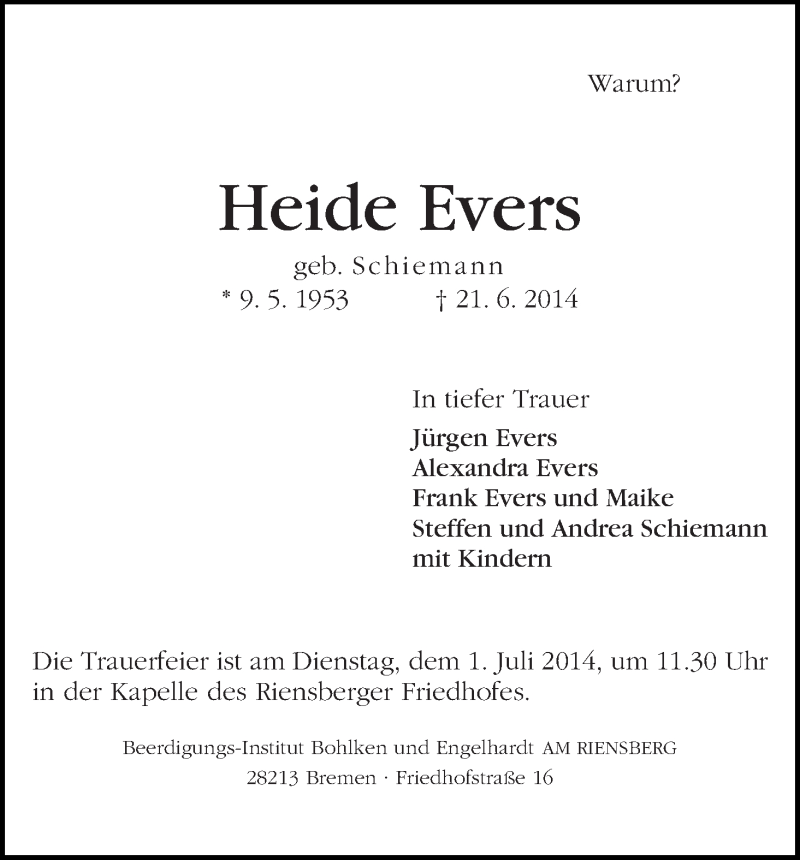 Traueranzeige von Heide Evers von WESER-KURIER