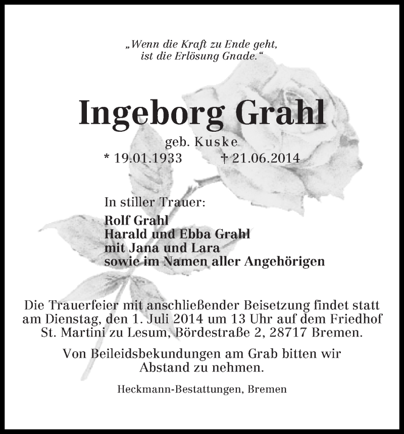 Traueranzeige von Ingeborg Grahl von Die Norddeutsche