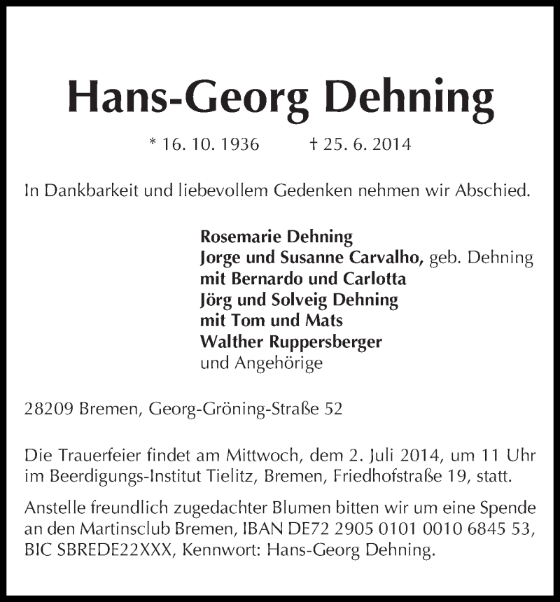 Traueranzeige von Hans-Georg Dehning von WESER-KURIER