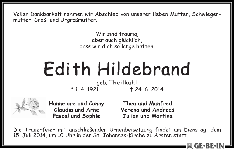 Traueranzeige von Edith Hildebrand von WESER-KURIER