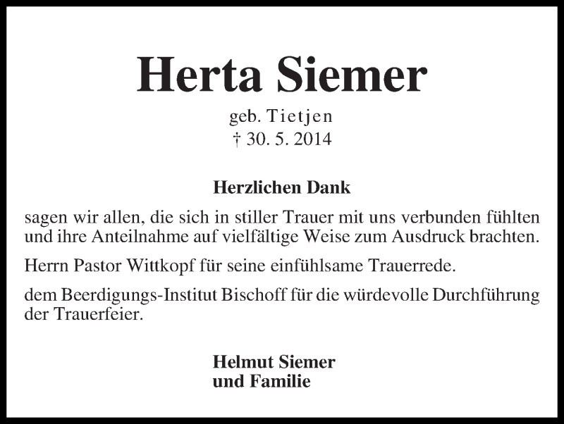 Traueranzeige von Herta Siemer von Die Norddeutsche