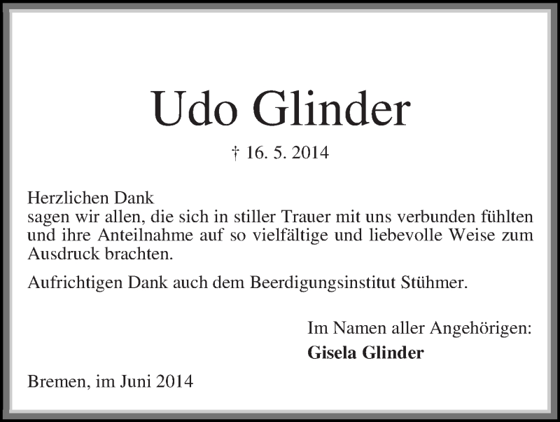 Traueranzeige von Udo Glinder von Die Norddeutsche