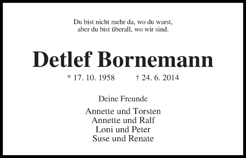 Traueranzeige von Detlef Bornemann von WESER-KURIER