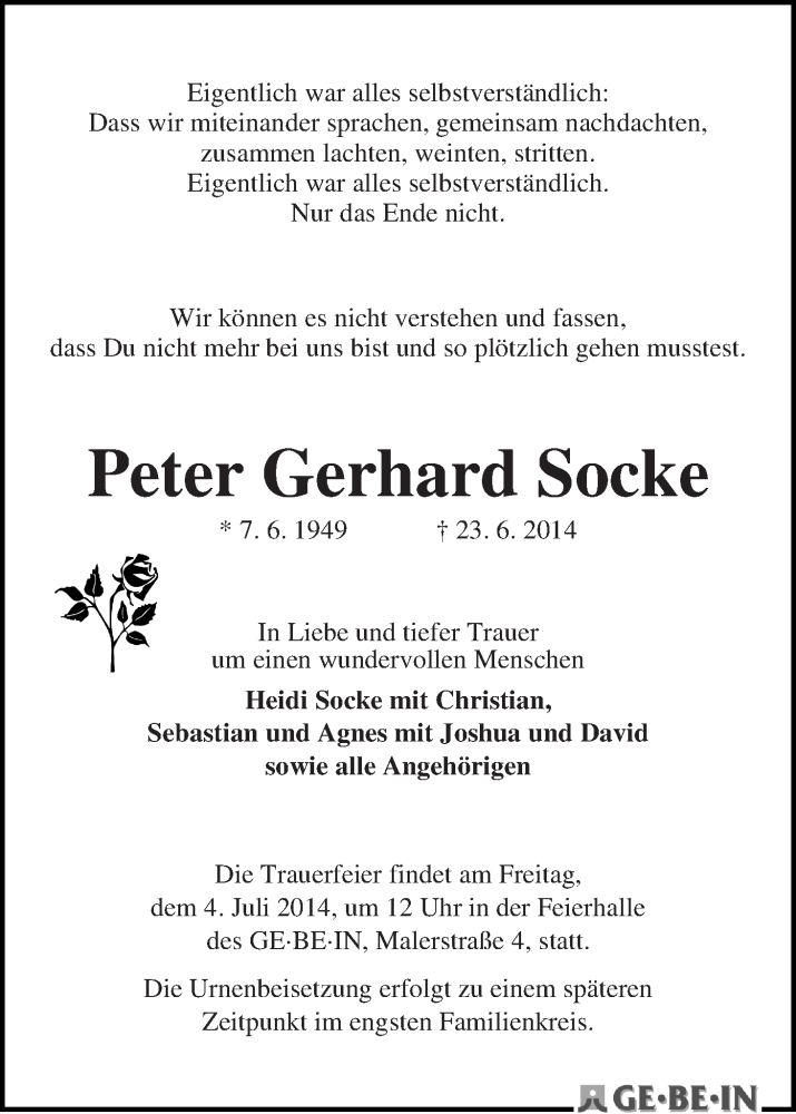 Traueranzeige von Peter Gerhard Socke von WESER-KURIER