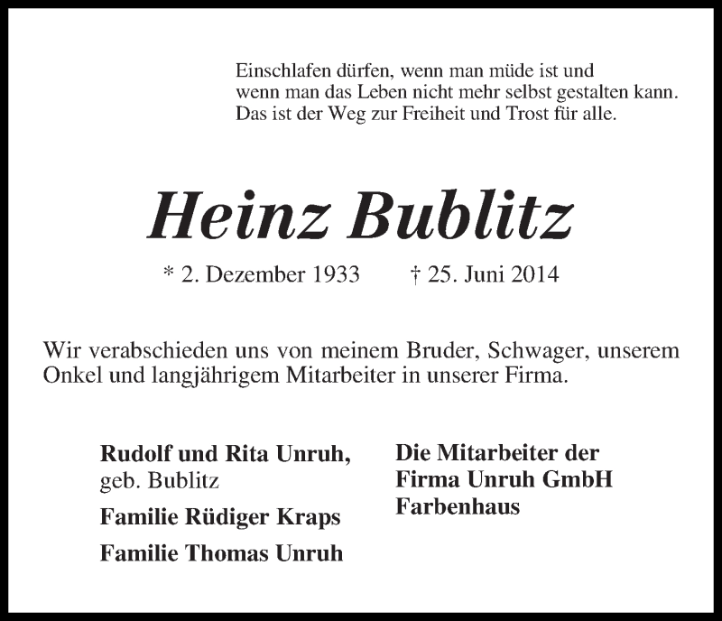Traueranzeige von Heinz Bublitz von WESER-KURIER