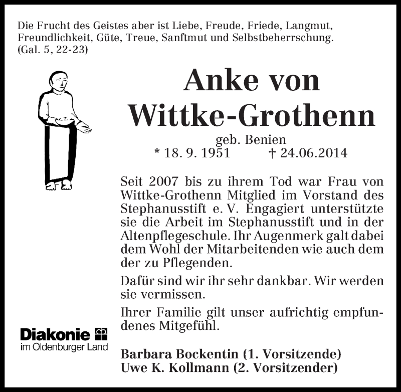 Traueranzeige von Anke von Wittke-Grothenn von Delmenhorster Kurier
