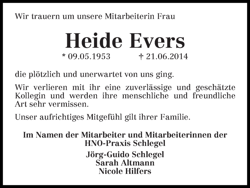 Traueranzeige von Heide Evers von WESER-KURIER