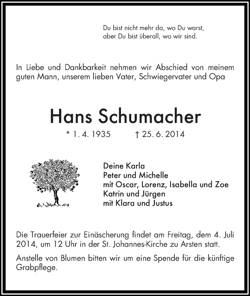Traueranzeige von Hans Schumacher von WESER-KURIER