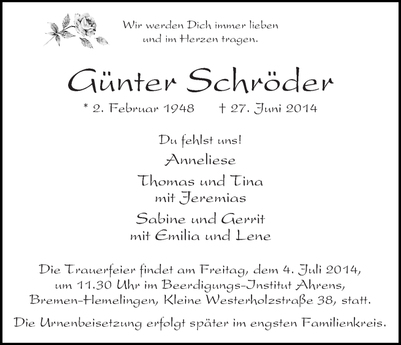 Traueranzeige von Günter Schröder von WESER-KURIER