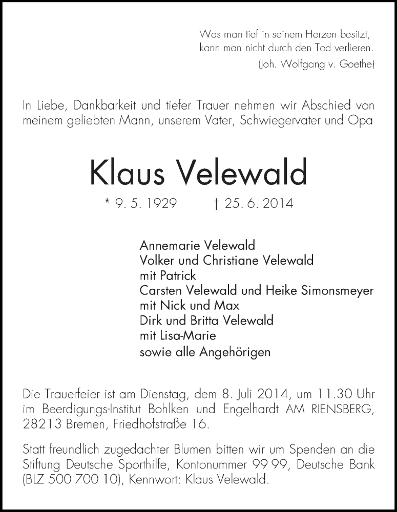 Traueranzeige von Klaus Velewald von WESER-KURIER