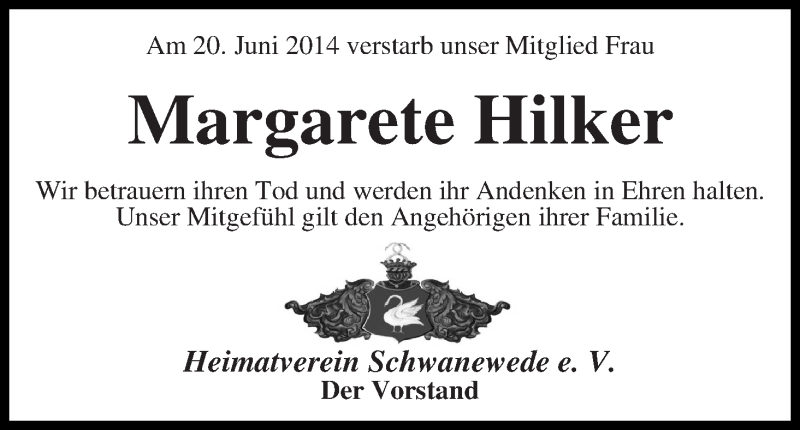 Traueranzeige von Margarete Hilker von Die Norddeutsche
