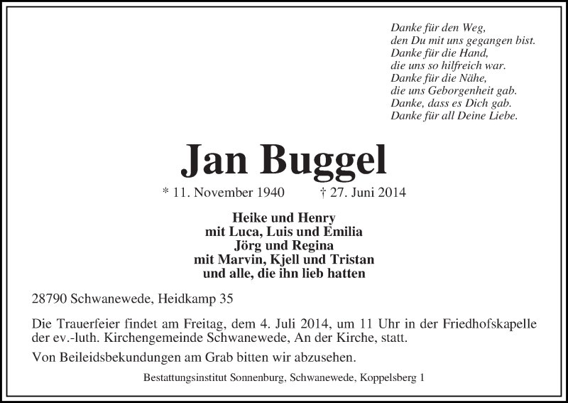 Traueranzeige von Jan Buggel von Die Norddeutsche