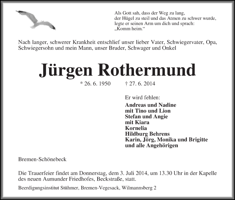 Traueranzeige von Jürgen Rothermund von Die Norddeutsche