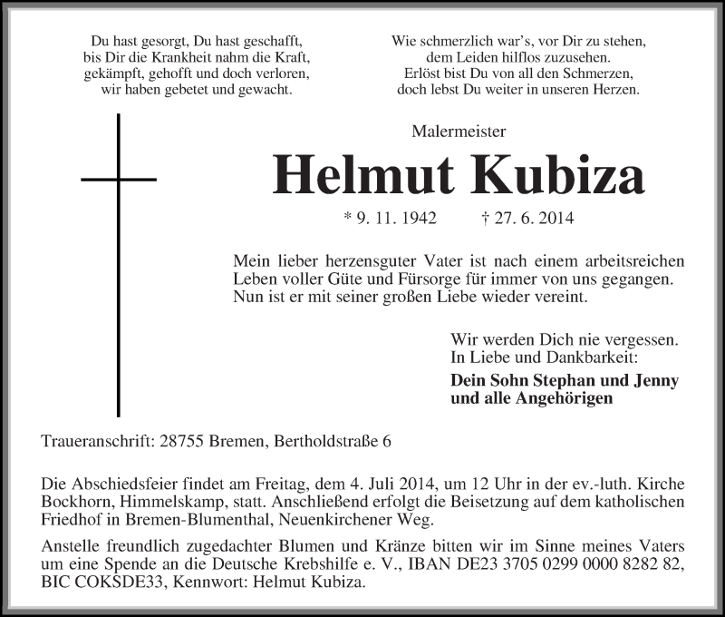 Traueranzeige von Helmut Kubiza von Die Norddeutsche