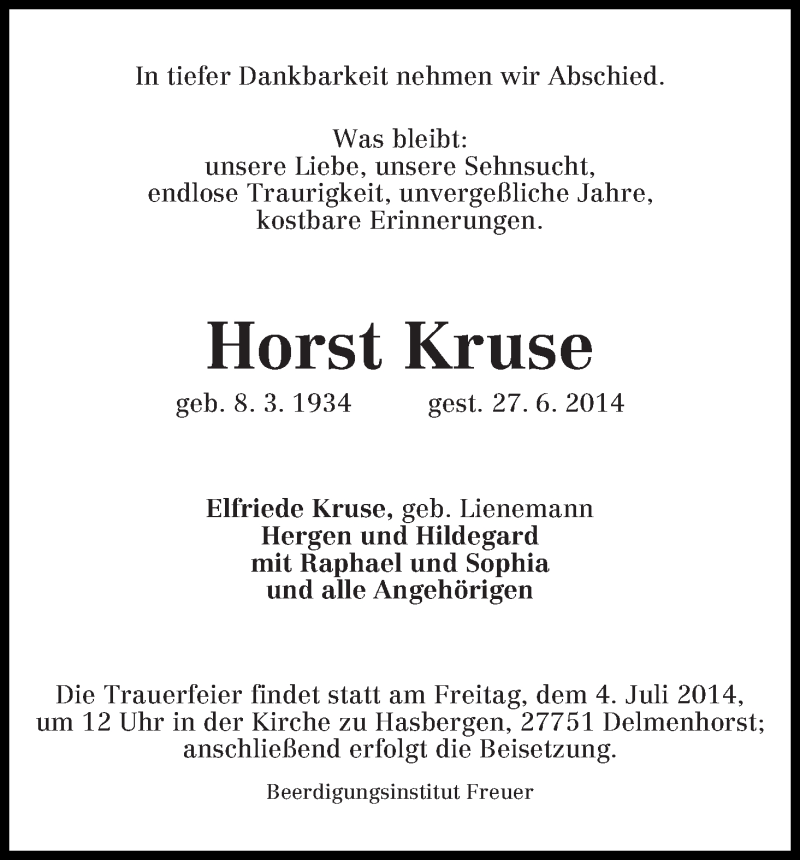 Traueranzeige von Horst Kruse von WESER-KURIER