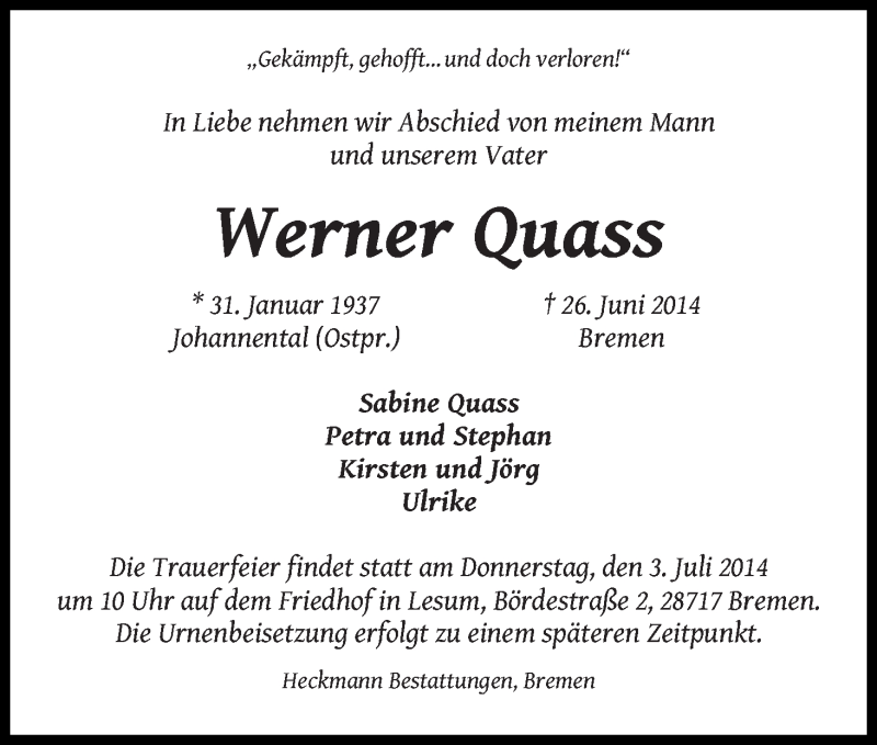 Traueranzeige von Werner Quass von Die Norddeutsche