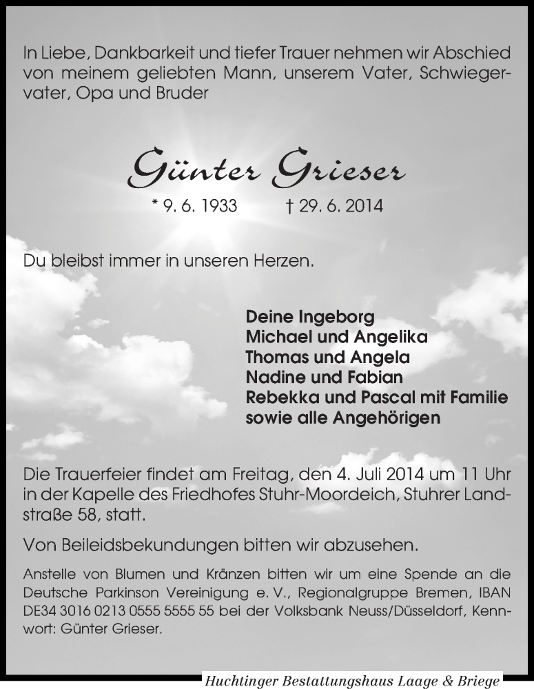 Traueranzeige von Günter Grieser von WESER-KURIER