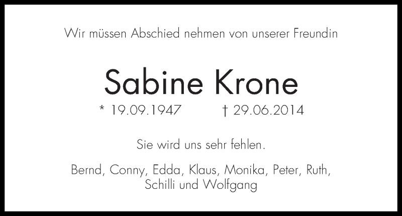 Traueranzeige von Sabine Krone von WESER-KURIER