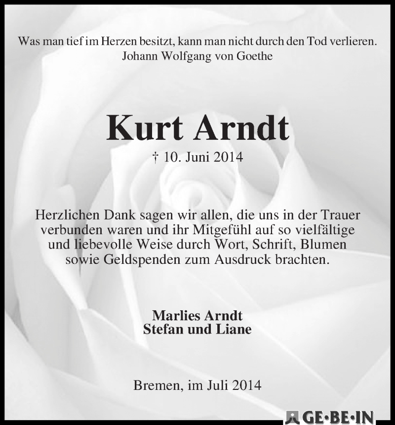 Traueranzeige von Kurt Arndt von WESER-KURIER