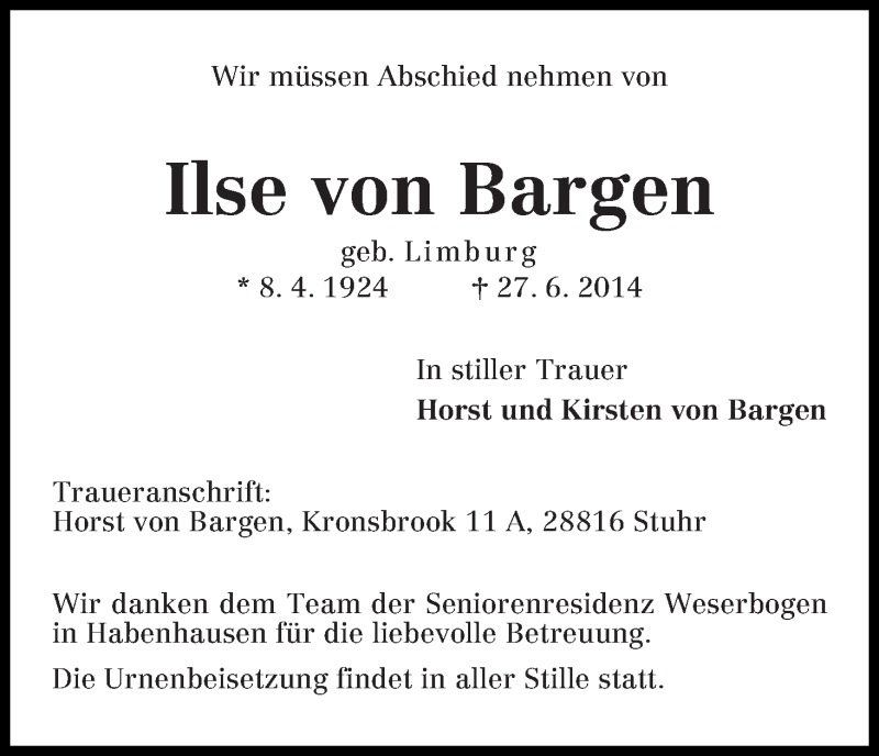 Traueranzeige von Ilse von Bargen von WESER-KURIER