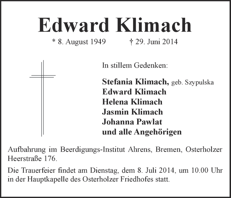 Traueranzeige von Edward Klimach von WESER-KURIER