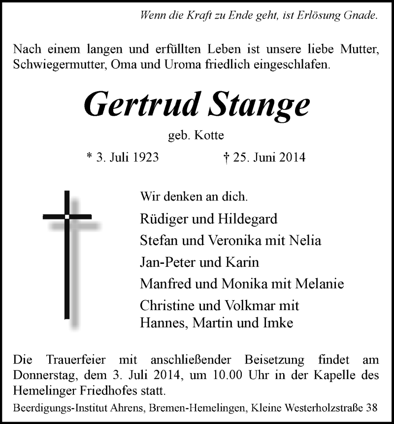 Traueranzeige von Gertrud Stange von WESER-KURIER