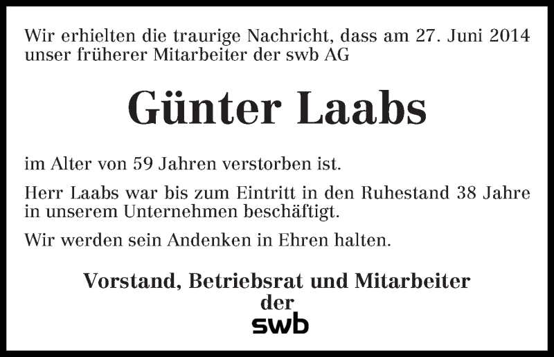 Traueranzeige von Günter Laabs von WESER-KURIER
