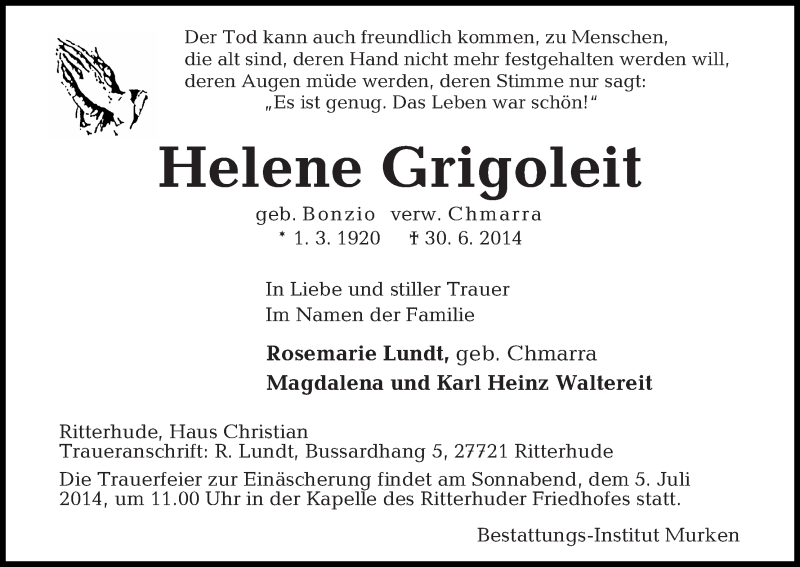 Traueranzeige von Helene Grigoleit von Osterholzer Kreisblatt