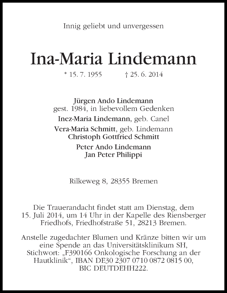 Traueranzeige von Ina-Maria Lindemann von WESER-KURIER