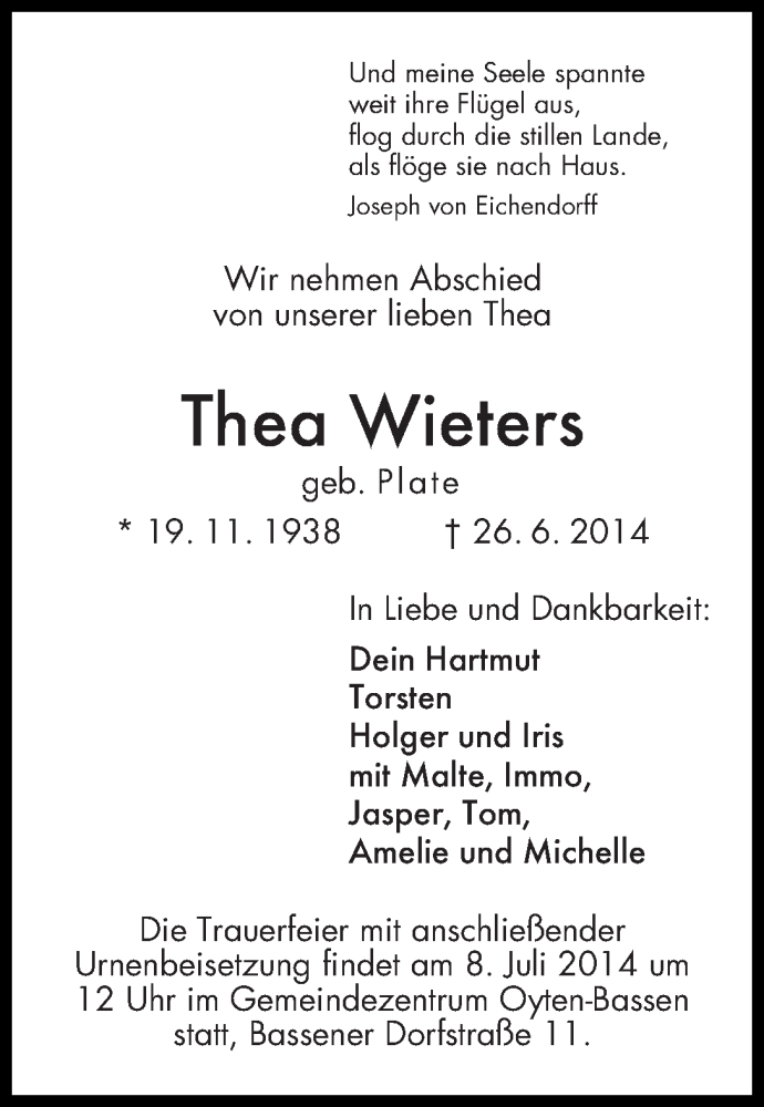 Traueranzeige von Thea Wieters von WESER-KURIER