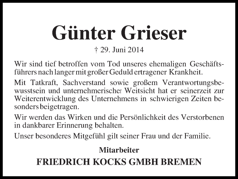 Traueranzeige von Günter Grieser von WESER-KURIER