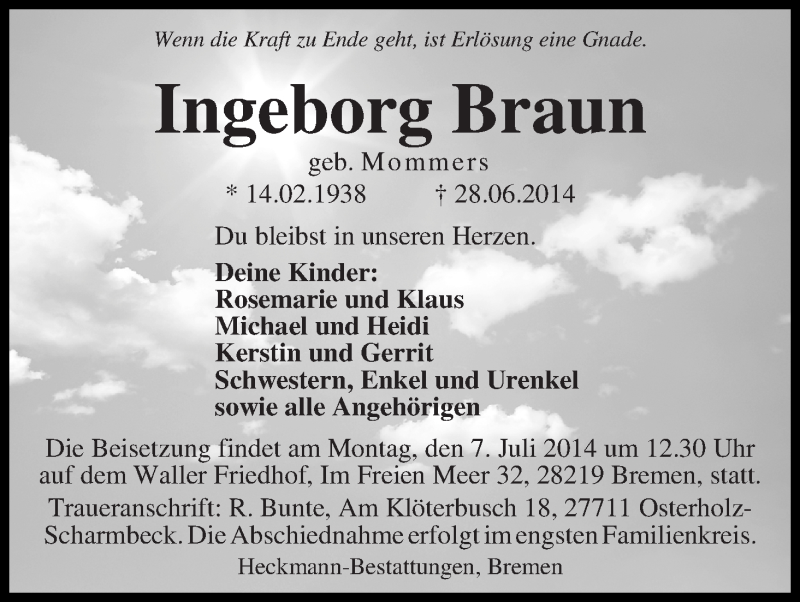 Traueranzeige von Ingeborg Braun von WESER-KURIER