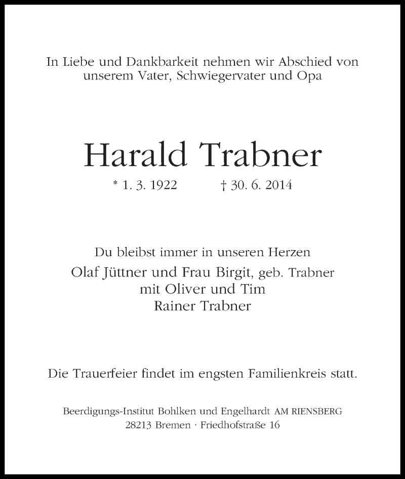 Traueranzeige von Harald Trabner von WESER-KURIER