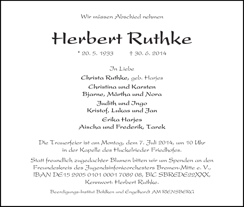 Traueranzeige von Herbert Ruthke von WESER-KURIER