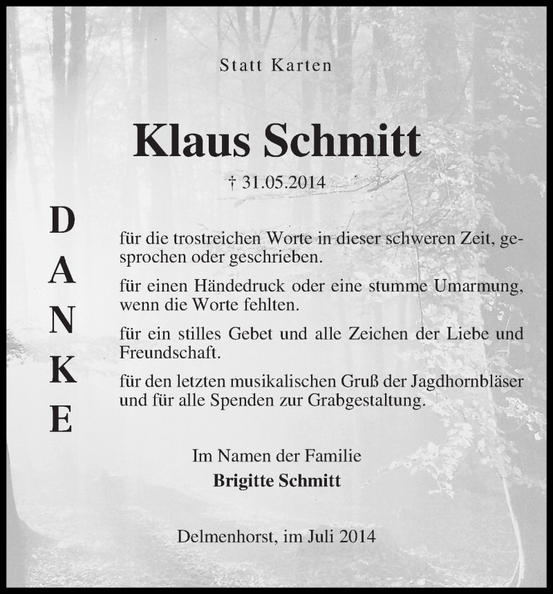 Traueranzeige von Klaus Schmitt von Delmenhorster Kurier