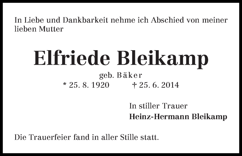 Traueranzeige von Elfriede Bleikamp von WESER-KURIER