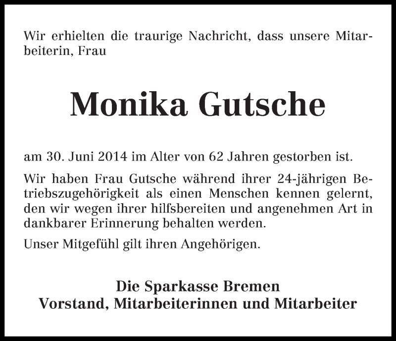 Traueranzeige von Monika Gutsche von WESER-KURIER