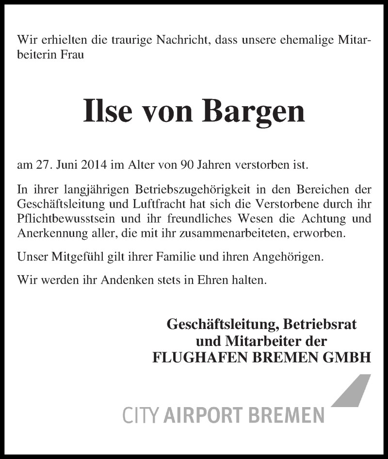 Traueranzeige von Ilse von Bargen von WESER-KURIER